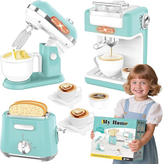 Play Kitchen Appliances Toy Set, Pretend Play Kitchen Toys Kids Kitchen Accessories Playset with Coffee Maker, Mixer and Toaster for Kids Ages 3-5 4-8 Christmas Birthday Party Gift