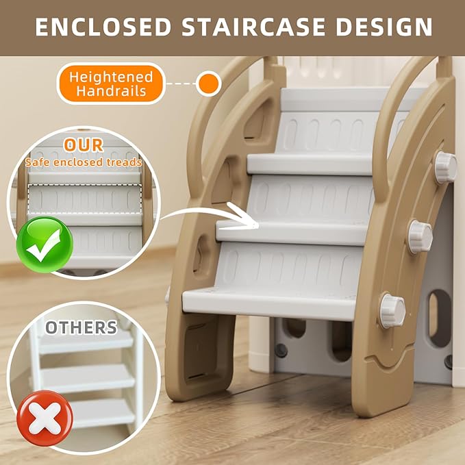 KORIMEFA 10-in-1 Toddler Slide, Kid Double Slide for Toddlers Age 1-3, Basketball Hoop, and Telescope, Indoor Outdoor Slide Toddler Playset Toddler Playground, Forest Themed Brown