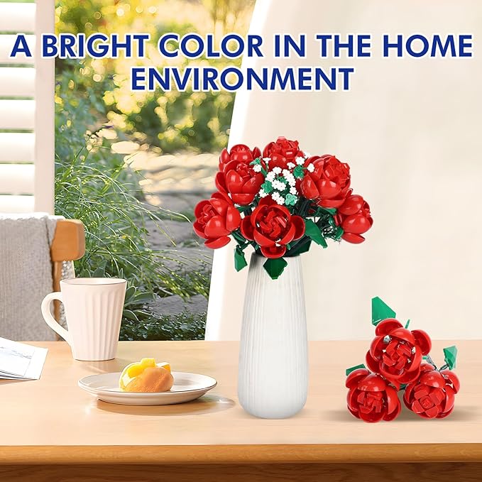 Flower Bouquet Building Kit,1000 Pcs Artificial Flower Bouquet Kit for Adults,Botanical Collection for Home Decor,Ideal Gift for Women,Christmas,Anniversaries (Red Rose)