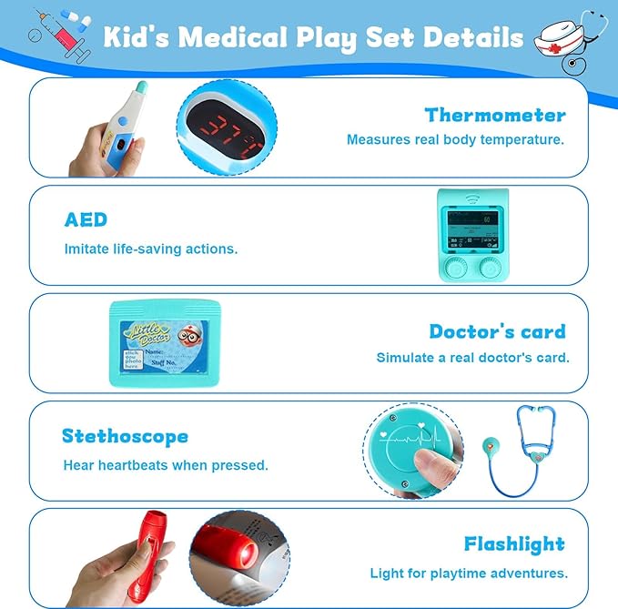 Doctor Kit for Kids 3-5, Toddler Play Set with Rolling Cart, Costume, and Stethoscope, Role Play Kids Doctors Set (Blue)