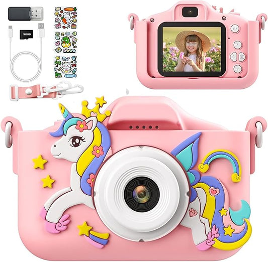 Pink Unicorn Kids Camera, Digital Camera for Toddler Boys Girls Children Selfie Camera Toy with 2 Inch Screen, 32GB Card for Age 3-12 Birthday (A Pink Unicorn)