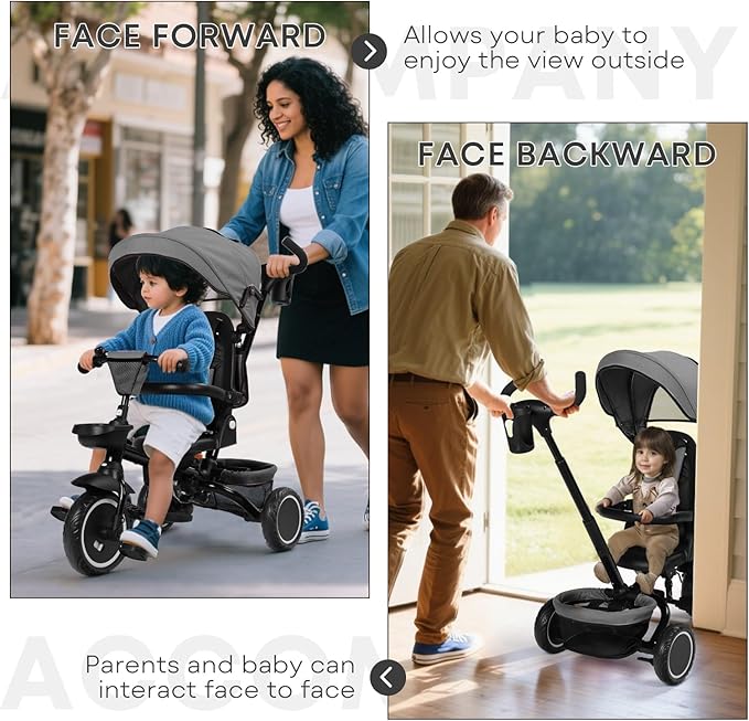 Kinder King Kids Tricycle, 8 in 1 Folding Toddler Trike w/Adjustable Push Handle, Rotatable Seat, Adjustable Canopy, Bell, Five-Point Harness, Storage, Toddler Stroller Bike for Age 6 Months+, Grey