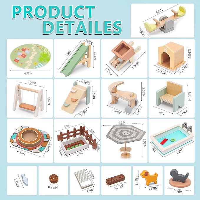Wooden Doll House Furniture and Accessories Outdoor Play Set for Kids- Includes Slide, Swing, BBQ Grill, Pool & Garden - Perfect Doll House Decor Gift for Children 3-6 Years Birthday Christmas