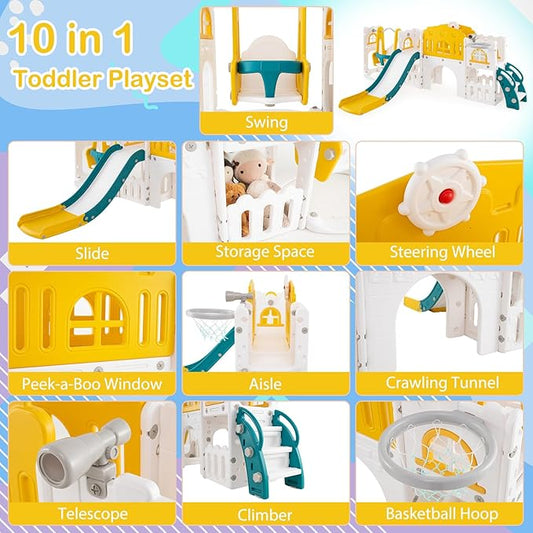 Costzon 10 in 1 Toddler Swing and Slide Set, Kids Slide and Climber Playset w/Aisle, Peek-a-Boo Window & Storage Space, Baby Indoor Playground for Aged 1+ (Yellow,100" × 59" × 40")