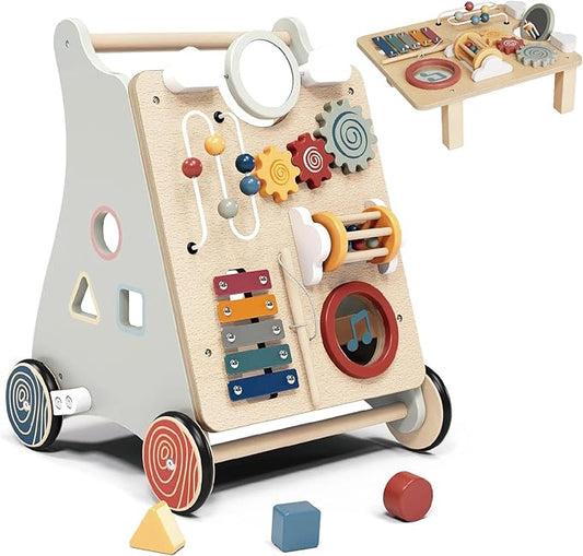 Baby Push Walker with Detachable Busy Board, Wooden Baby Walker with Adjustable Speed Wheels, Montessori Push Walker for Babies, Push Walking Toys for Boys & Girls 1 Year Old, Gifts for Toddler