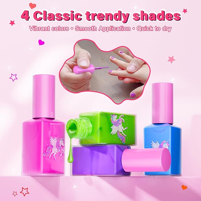 Kids Nail Polish Set for Girls Toys, Washable Quick-Dry Toddler Nail Art Kit with Air Cooling Dryer and Cosmetic Case, Christmas or Birthday Gifts for Girls Ages 3 4 5 6 7 9 10 11 12-Pink