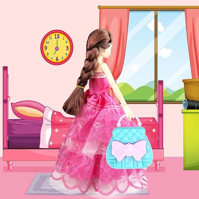 66Pcs Doll Clothes and Accessories with Doll Closet for 11.5 Inch Doll Dress up Set with 1 Doll Fashion Dresses Outfits Tops and Pants Shoe Rack Bags Gift Toy for Girls 4 5 6 7 8 9 10 Years