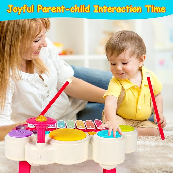 AugToy 3 in 1 Musical Toys for Toddlers 1-3 Piano Xylophone Drum Set Toys for 1 2 3 Year Old Girls Birthday Music Instruments Baby Learning Developmental Sensory Toys Toddler Toys Age 1-2 2-3