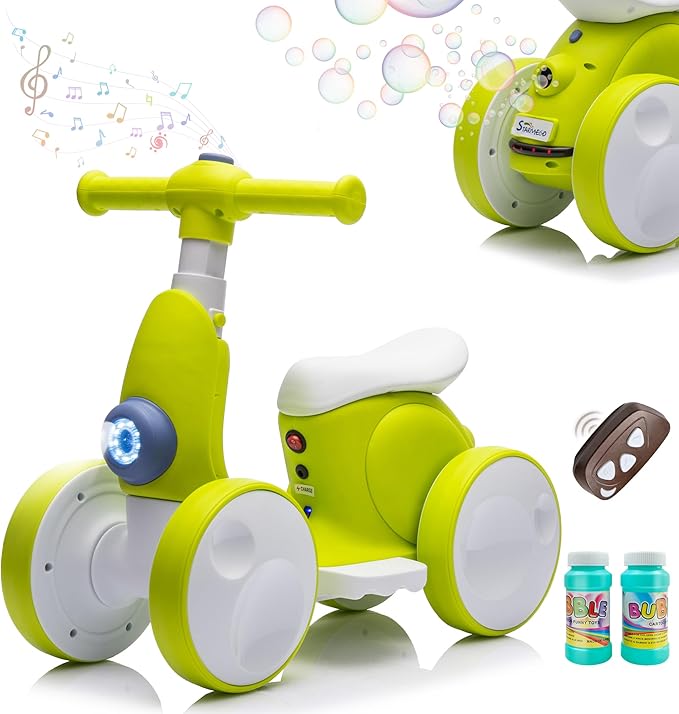 6V Electric Baby Balance Bike with Bubble Machine,4 in 1 Toddler Balance Bike w/Remote Control for 1 Year Old Boys Girls Kids Bubble Bike Ride on Toys w/Powered Motor,Music,LED Lights (Cyan)
