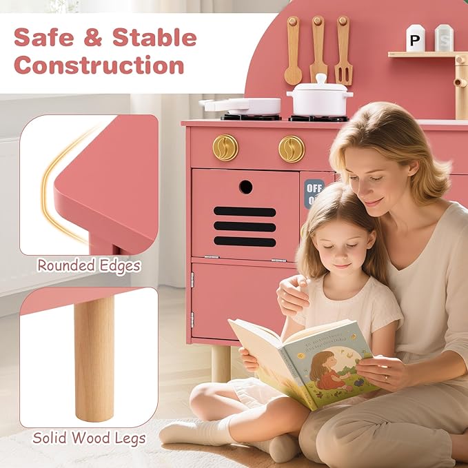 Costzon Kids Kitchen Playset, Little Chef Pretend Play Kitchen w/Stoves, Faucet, Sink, Microwave, Cabinet, Oven & Cooking Accessories, Wooden Play Kitchen for Kids 3+ Years Old (Pink)