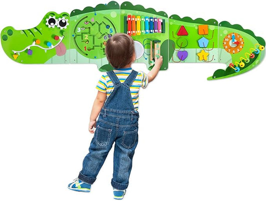 Crocodile Activity Wall Busy Board Panels | 9-in-1 Wooden Sensory Wall Panel for Kids, Montessori Learning Activity Center | Perfect for Toddler Playroom, Daycare, Nursery, Classroom or Dr's Office
