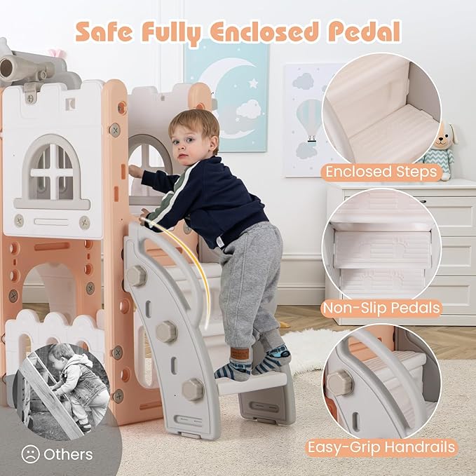 Costzon 8 in 1 Toddle Slide Playset, Freestanding Kids Slide w/Tunnel, Basketball Hoop, Toddler Climber Slide Playset Indoor Playground for Kids 1-3 w/Storage Space, Gifts for Boys Girls (Pink)