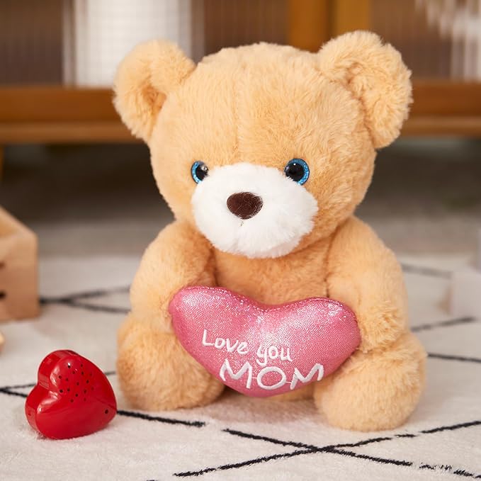 10" Recordable Heartbeat Bear Stuffed Animals Love You Mom with Voice Sweet Messages Recorder Soft Plush Toy Playback Your Words Gifts for Mother's Day Mom