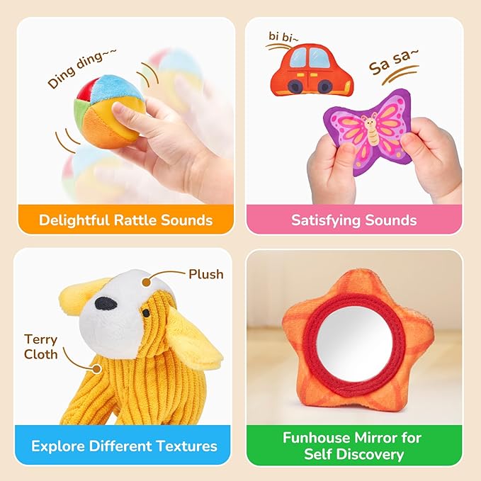 JoyCat What's Inside Box - Mystery Soft Box with 5 Sensory Objects, Rattle, Crinkle Paper, Mirror - Baby Toys 6-12 Months, Soft Busy Travel Toys - Christmas Basket Stocking Stuffers