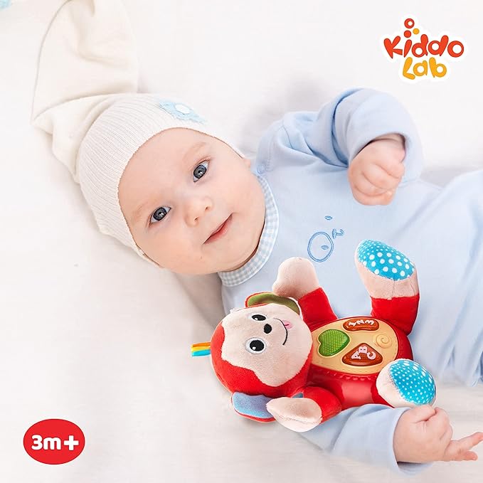 KiddoLab Musical Monkey Plush Toy - Soft Stuffed Animal with Light-Up Buttons and Melodic Nursery Songs for 3+ Month Old Babies