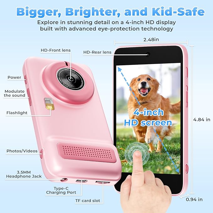 Ai Kids Camera for Age 3-10, Digital Camera Christmas Birthday Gifts, Toddler Learning Play Toy Camera with 4 inch IPS HD Eye-Friendly Screen, AI Smart Learning, Music Player (Pink)