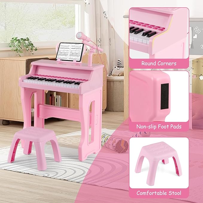 HONEY JOY Kids Piano, 37-Key Kids Keyboard Piano w/ Music Stand & Bench, Gift for Babies w/ Microphone, Portable Electronic Educational Musical Instrument, for Girls Boys (Pink)
