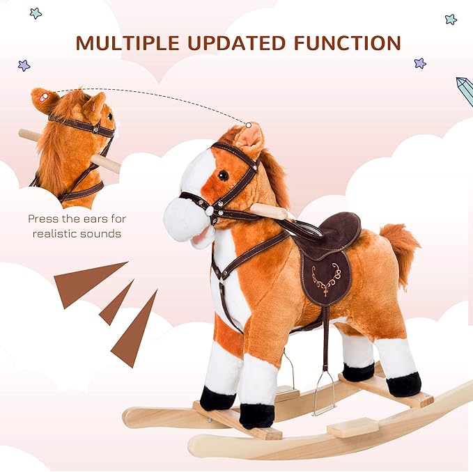 Qaba Kids Plush Toy Rocking Horse Ride on with Realistic Sounds - Brown