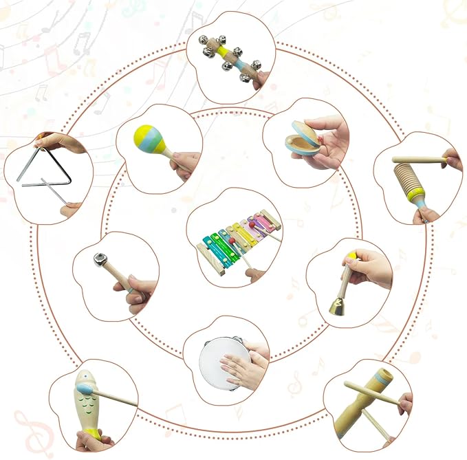 15Pcs Musical Toys for Toddlers 1-3, Baby Musical Instruments Set, Wooden Montessori Toys Percussion, Birthday Gifts for 1 2 3 Year Old Kids Boy Girls