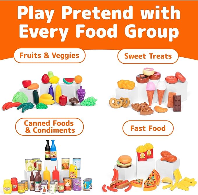 Jaxojoy 122 Piece Pretend Food Set for Kids - Food Toys for Kids Kitchen Set - Pretend Play Kitchen Accessories and Playset for Interactive and Imaginative Activities