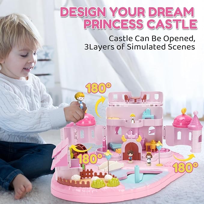 Dream Princess Play Set ,12.2*8.6*8.8 inches with 4 Magnetic Control Movable Toys, Magnetic Doll House Building Toys with Light Music, Toy Gift for Girls Kids Ages 6+（Pink）