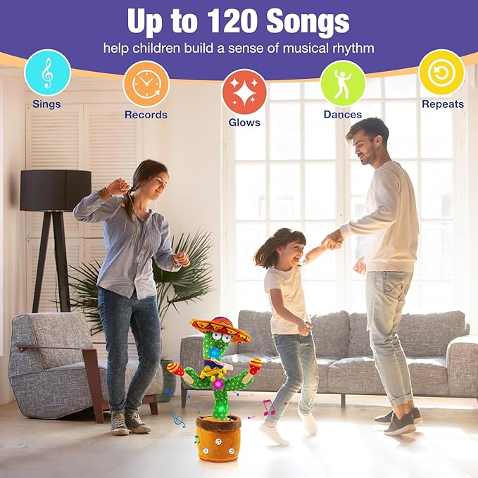 Ayeboovi Dancing Talking Cactus Baby Toy, Mimicking Recording Toy Repeats What You Say, Adjustable Volume Singing Cactus with 120 Songs, Interactive Dancing Toy Gifts for Kids Toddlers Boys Girls