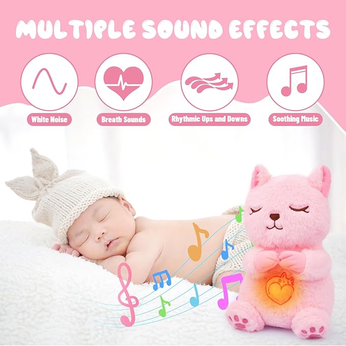 Breathing Stuffed Animal, Pink Cat Plush Baby Toy, Soothing Sound Machine with Music Lights & Breathing Motion for Kids Boys Girls
