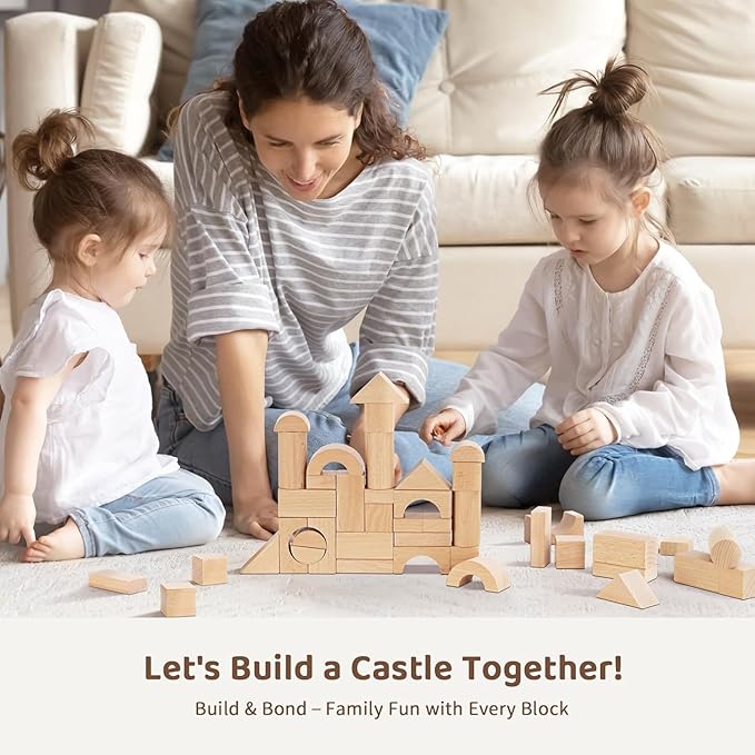 Pidoko Kids 100pcs Natural Beech Wood Building Blocks for Toddlers 1-3, Wooden Blocks with Storage Bucket and Shape Sorter Lid Montessori Toys for 1 2 3 Year Old Boys and Girls, Preschool Learning