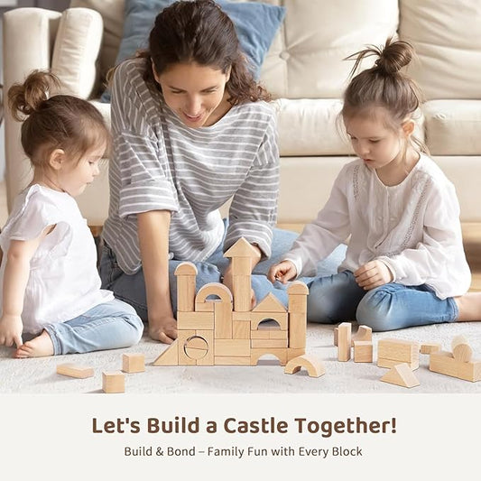 Pidoko Kids 100pcs Natural Beech Wood Building Blocks for Toddlers 1-3, Wooden Blocks with Storage Bucket and Shape Sorter Lid Montessori Toys for 1 2 3 Year Old Boys and Girls, Preschool Learning