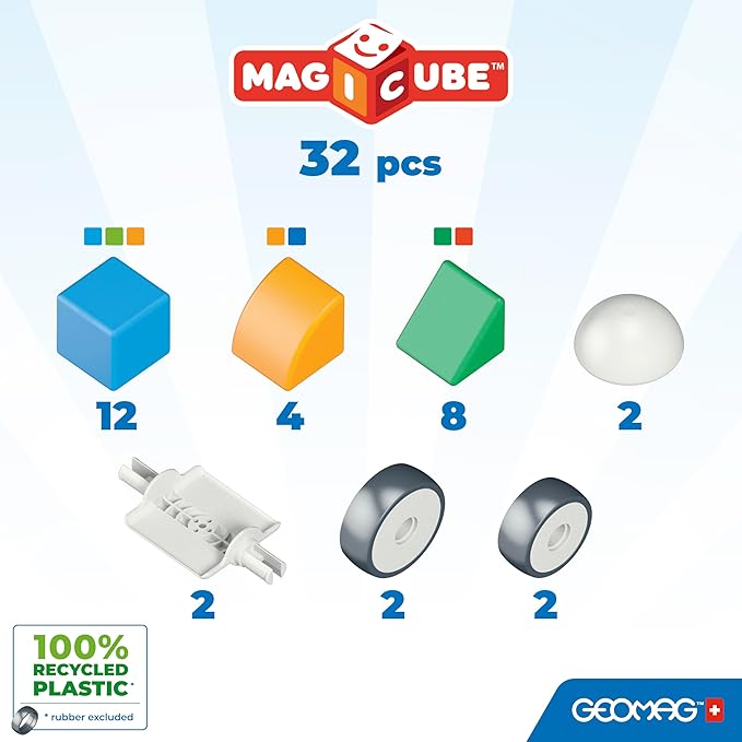 Geomag MagiCube Magnetic Blocks for Toddlers & Kids Ages 1-5 | Swiss-Made STEM Building Toy Sets | Animal, Vehicle, Recycled Plastic Themes | (32-Piece - Classic Set)