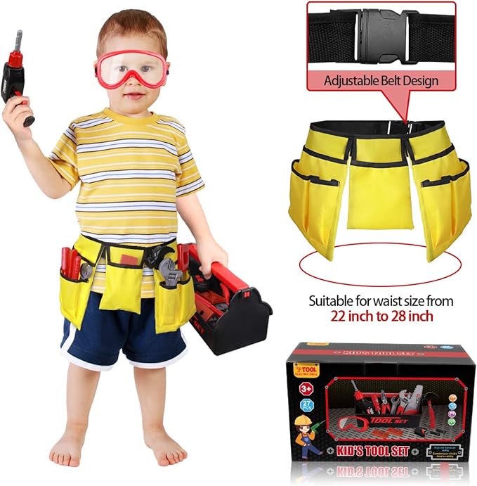 LOYO Kids Tool Set - Pretend Play Construction Toy with Tool Box Kids Tool Belt Electronic Toy Drill Construction Accessories Gift for Toddlers Boys Ages 3 , 4, 5, 6, 7 Years Old (red)