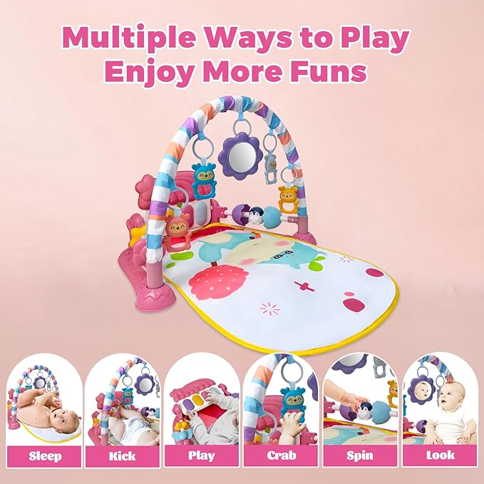 Baby Gym Play Mat, Musical Activity Center for Baby, Kick and Play Piano Gym, Tummy Time Play Mat for Newborn Babies Infants Boys Girls 0-3-6-9-12 Months (Pink)