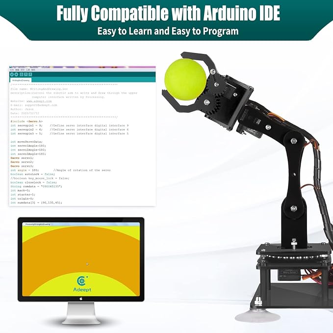 Adeept 5DOF Robotic Arm Kit Compatible with Arduino IDE, Programmable DIY Coding STEM Educational 5 Axis Build Robot Arm, Robot Starter Kit with OLED Display Processing Code and Tutorials - Black