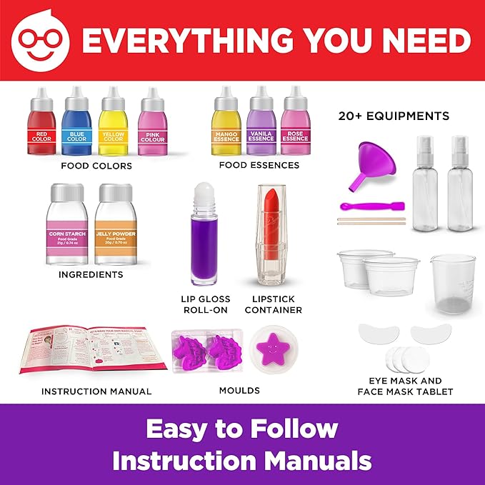 Doctor Jupiter Glam DIY Craft, Make-Up Kit for Girls Ages 6-8-12 | Lip Gloss, Bath Bomb, Perfume Making Kit with 50 Beauty Science Experiments | Birthday Gift Ideas for 6-7-8-9+ Year Old Girls