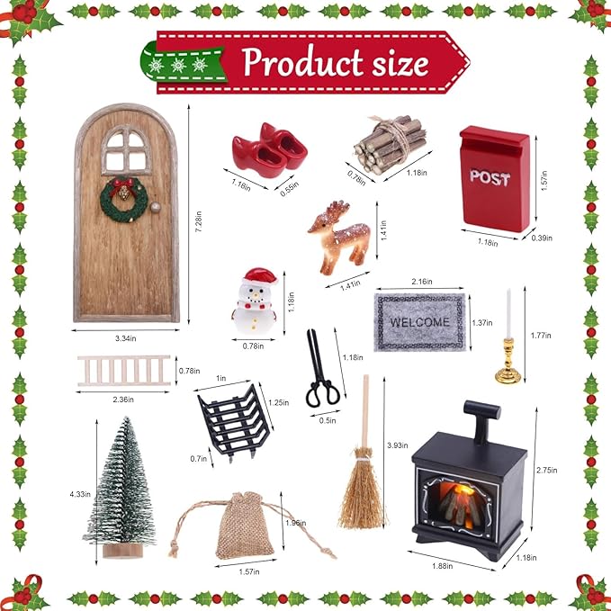 15Pcs Christmas Fairy Door Decorations, Mini Wooden Enchanted Doors, DIY Dollhouse Accessories for Decoration, Tiny Outdoor Decor for Girl Boys Xmas Accessories Fairy Tale