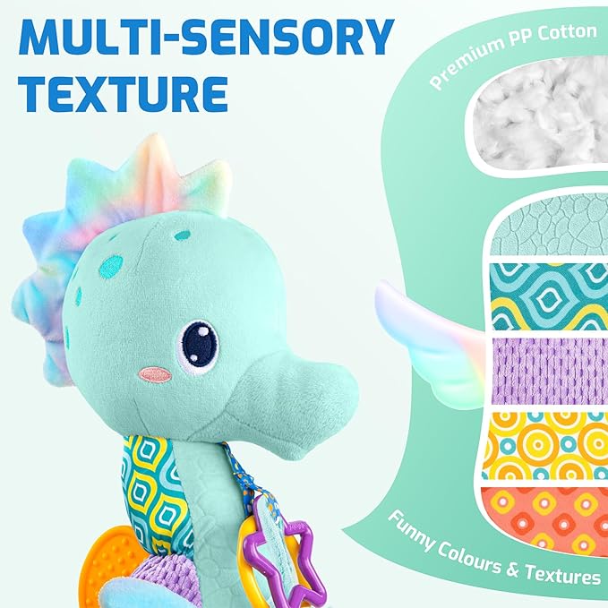 Sumobaby Infant Baby Musical Stuffed Animal Activity Soft Toys with Multi-Sensory Crinkle, Rattle and Textures, for Tummy Time Newborn 0-3-6-12 Months Girls,Seahorses - Blue with Baby Mirror
