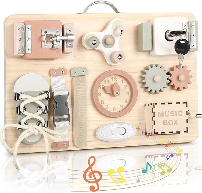 Joyreal Montessori Busy Board for Toddlers - Wooden Sensory Board Activity Board for Fine Motor Skills, Travel Baby Busy Board Sensory Toys for Kids