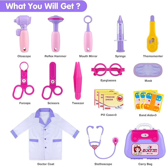 GIFTINBOX Kids Doctor Kit for Girls and Boys , Purple Doctors kit for Kids 22 Pieces Pretend Play Medical Toys Set with Roleplay Doctor Costume and Carry Bag for Little Girls-B