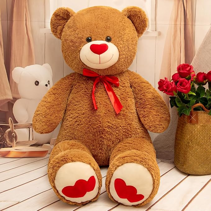 Big Teddy Bear 43.3 inch Giant Stuffed Animal Bears with Love Heart Cute Soft Large Plush Toy for Kids Girlfriend Valentine's Baby Shower, Dark Brown