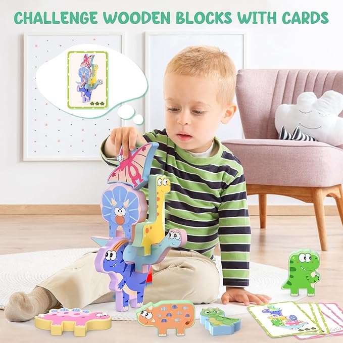 Montessori Toys for Toddlers, 10 Pack Wooden Dinosaur Stacking Blocks, Sorting & Stacking Preschool Learning Activities, Gift for Boys, Girls
