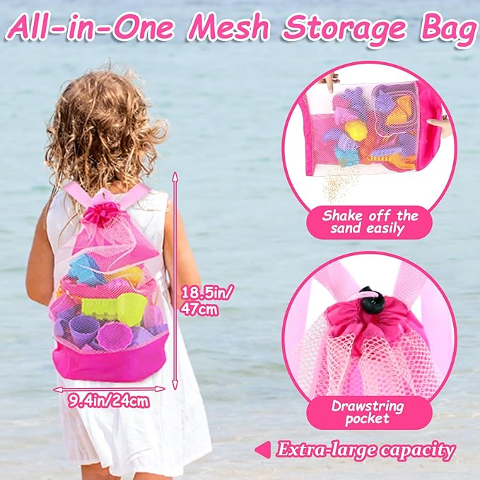 Beach Sand Toys, 50Pcs Sandbox Toys with 2 Collapsible Buckets, Mesh Backpack Bag, Shovels, Ice Cream, Cake & Castle Sand Molds, Summer Outdoor Travel Toys for Kids Toddlers Girls