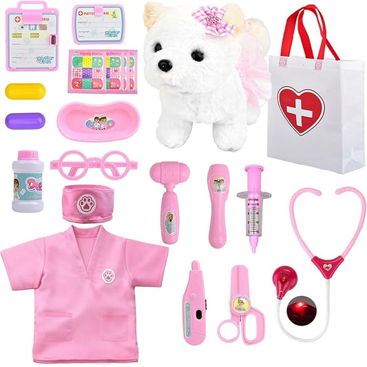 Kids Pet Doctor Kit for Toddlers, 21PCS Kids Doctor Playset with Plush Dog, Medical Toys, Stethoscope, Dress Up Costume, Carrying Bag,Christmas Birthday Gifts for Ages 3 4 5 6 7 8 Year Old Girls