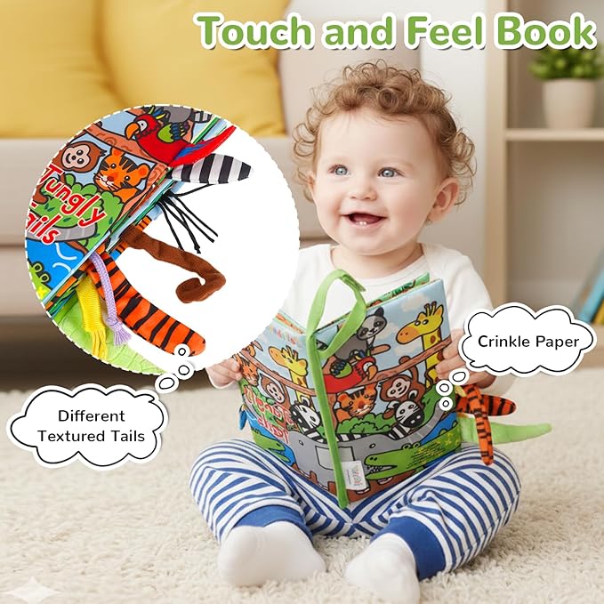 HECCEI Baby Cloth Books Soft Baby Book 0-6 Months Crinkle Books with Tail Touch and Feel Sensory Toys for Infant Tummy Time for 3 Months+, Jungle Tails