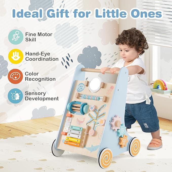 HONEY JOY Baby Push Walker, Wooden Infant Walker Activity Center with Shape Sorter, Develop Motor Skills & Creativity, Push Toys for Babies Learning to Walk, Gift for Boys & Girls