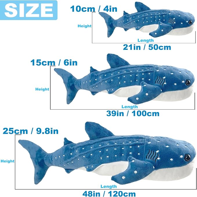 39 Inch Whale Shark Stuffed Animal – Giant Plush Shark Pillow Toy, Realistic Big Whale Shark Plushie for Kids and Ocean Lovers, Large Cuddly Gift