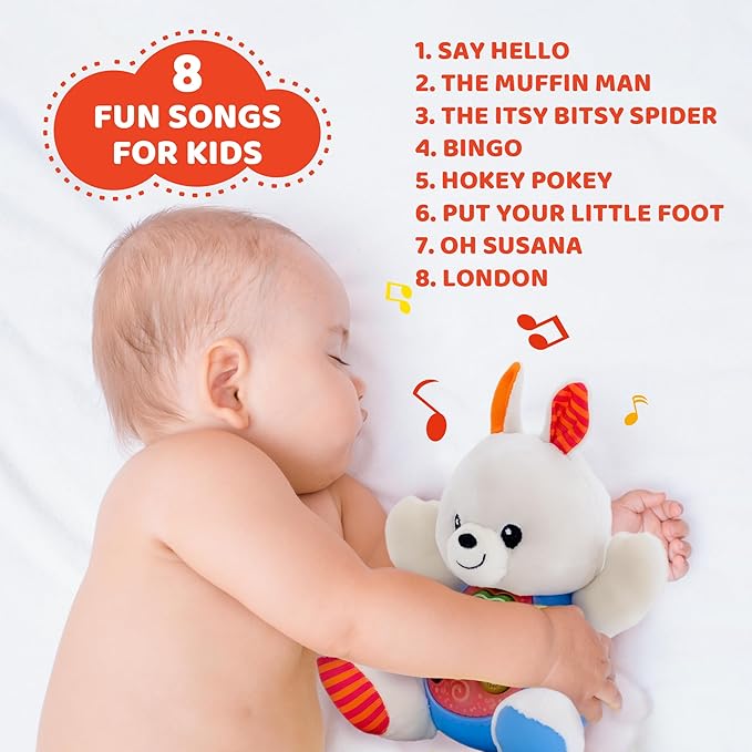 KiddoLab Bunny Plush Toy - Musical Stuffed Animal with 3 Light-Up Buttons, 8 Fun Nursery Rhymes & Sound Effects - Soft Basket Stuffer for Infants, Babies, and Toddlers Aged 3 Months +