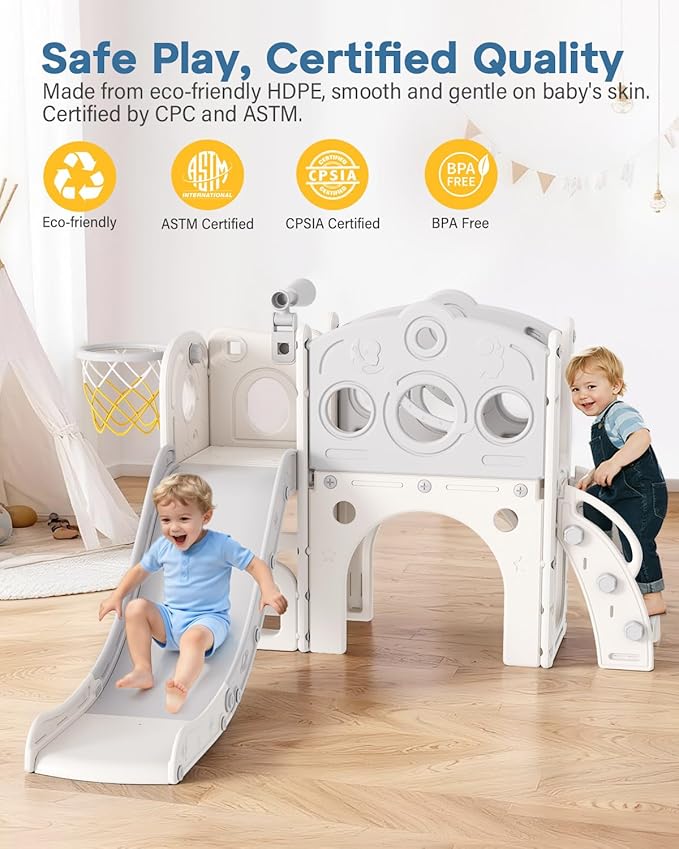 Babytronic Toddler Slide, 8 in 1 Kids Slide with Basketball Hoop, Telescope and Climber, Baby Slide Toddler Playground, Indoor Outdoor Playset for Toddlers Age 1-3, Kids Indoor Playground (White&Gray)
