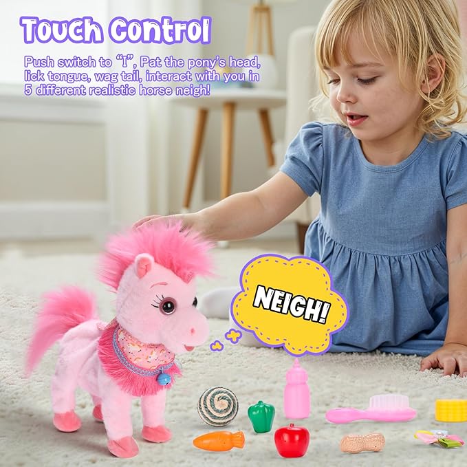 Pink Walking Pony Set Interactive Talking Singing Dancing Horse Walk Along with Remote Control Leash Plush Pony Pet Toy for Kid, Nod Lick Wag Repeat What You Say, 3+ Girl Boy
