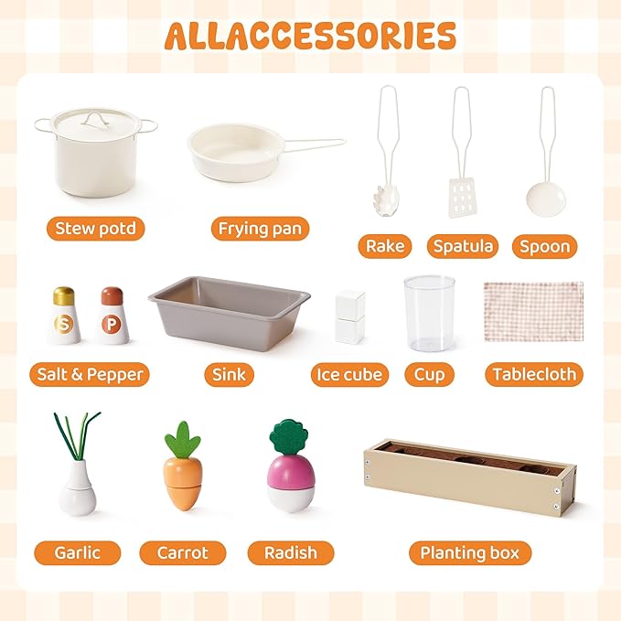 ROBUD Wooden Play Kitchen Set, Pretend Play Kitchen for Kids, Toy Kitchen with Microwave, Sink, Stove and Ice Maker, Toddlers Kitchen Playset Gift for Boys Girls, 3+ (Cream)