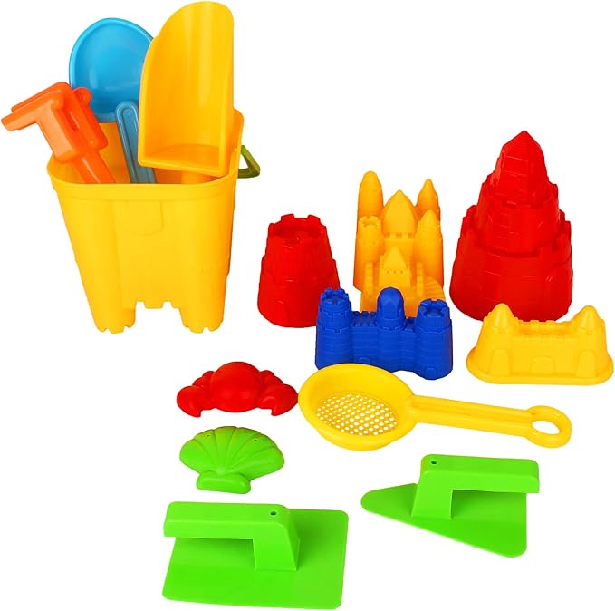 Liberty Imports 15-Piece Sand Castle Building Kit - Ultimate Beach Toy Set with Large Bucket, Rake, Shovels, Molds, and More - Ideal for Kids' Sand Play, Beach Fun, and Outdoor Activities